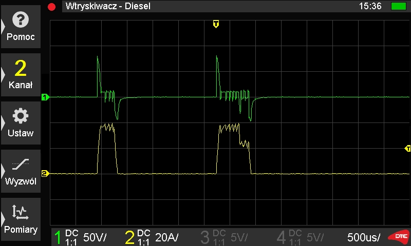 Przebieg oscyloskopowy napięcia (kanał 1) i prądu (kanał 2) wtryskiwacza elektromagnetycznego w systemie Common Rail.