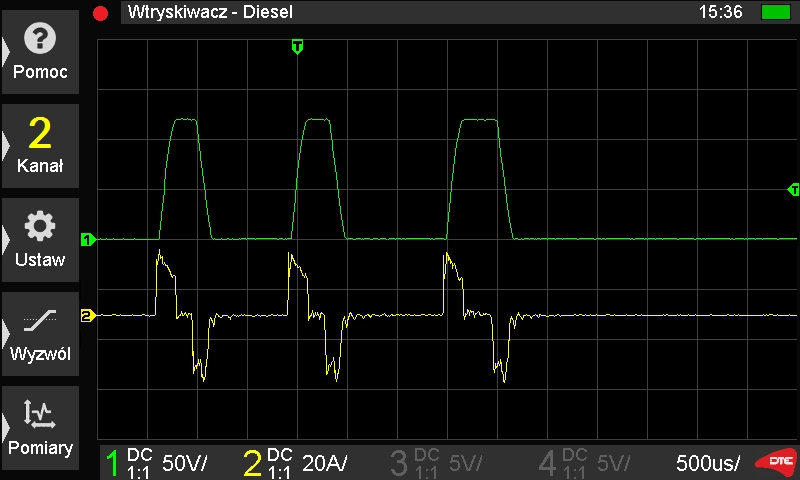 Przebieg oscyloskopowy napięcia (kanał 1) i prądu (kanał 2) wtryskiwacza piezoelektrycznego w systemie Common Rail.